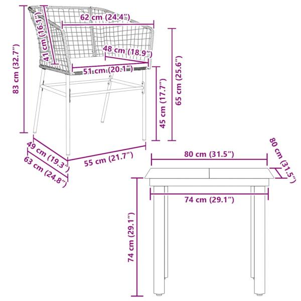 3-tlg. Garten-Essgruppe mit Kissen Braun Poly Rattan Glas