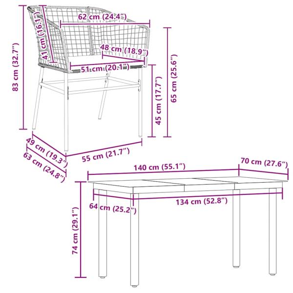 5-tlg. Garten-Essgruppe mit Kissen Braun Poly Rattan Glas