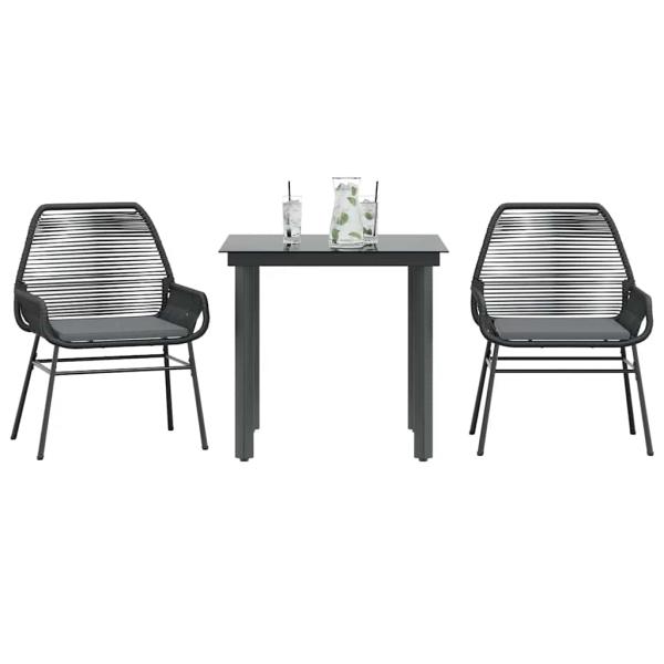 ARDEBO.de - 3-tlg. Garten-Essgruppe mit Kissen Schwarz Poly Rattan Glas