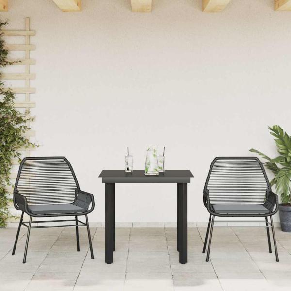 3-tlg. Garten-Essgruppe mit Kissen Schwarz Poly Rattan Glas