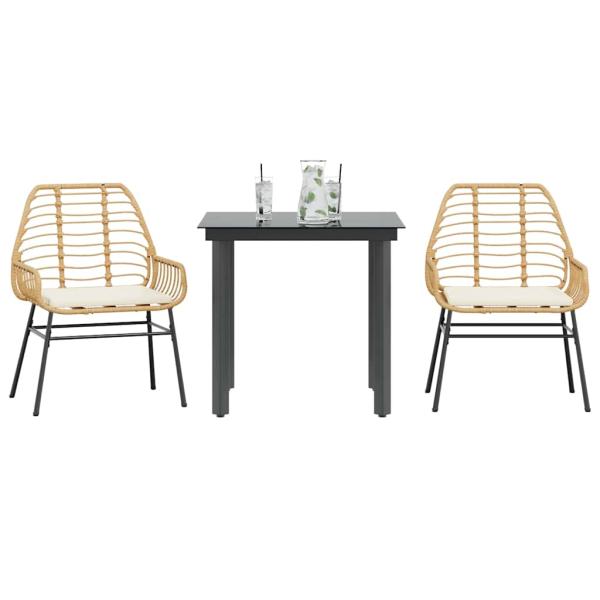 ARDEBO.de - 3-tlg. Garten-Essgruppe mit Kissen Braun Poly Rattan Glas