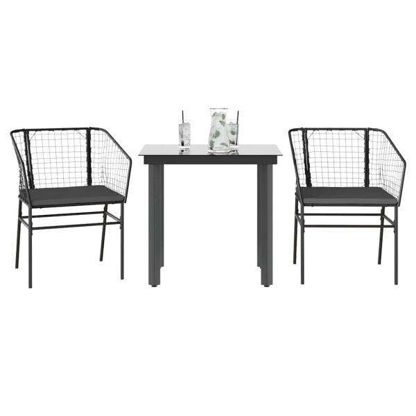 ARDEBO.de - 3-tlg. Garten-Essgruppe mit Kissen Schwarz Poly Rattan Glas