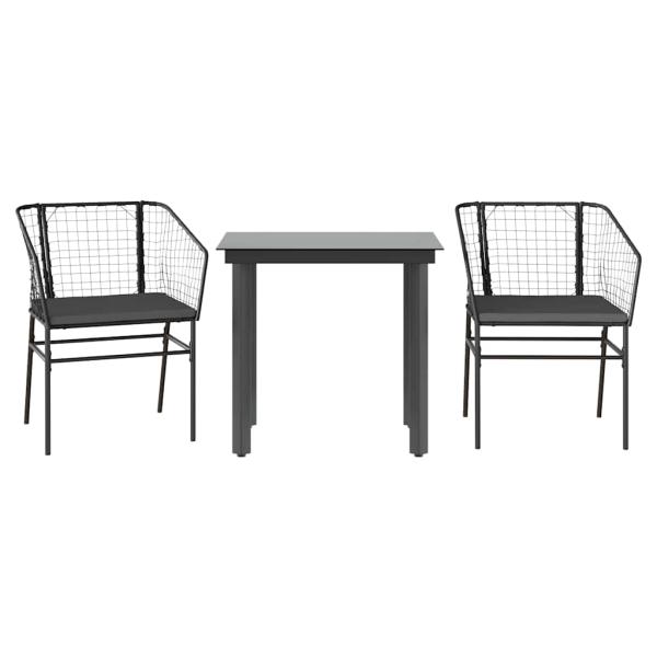 3-tlg. Garten-Essgruppe mit Kissen Schwarz Poly Rattan Glas