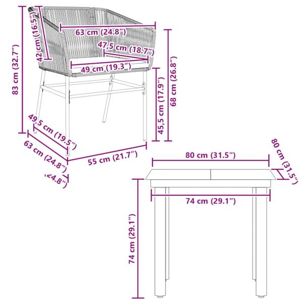 3-tlg. Garten-Essgruppe mit Kissen Braun Poly Rattan Glas