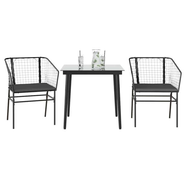 ARDEBO.de - 3-tlg. Garten-Essgruppe mit Kissen Schwarz Poly Rattan Glas