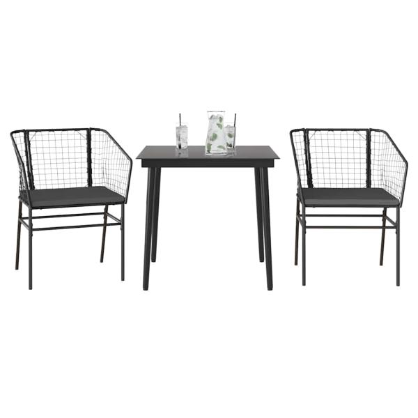 3-tlg. Garten-Essgruppe mit Kissen Schwarz Poly Rattan Glas