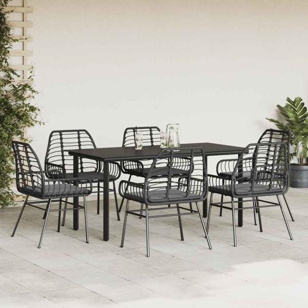 7-tlg. Garten-Essgruppe mit Kissen Schwarz Poly Rattan Glas