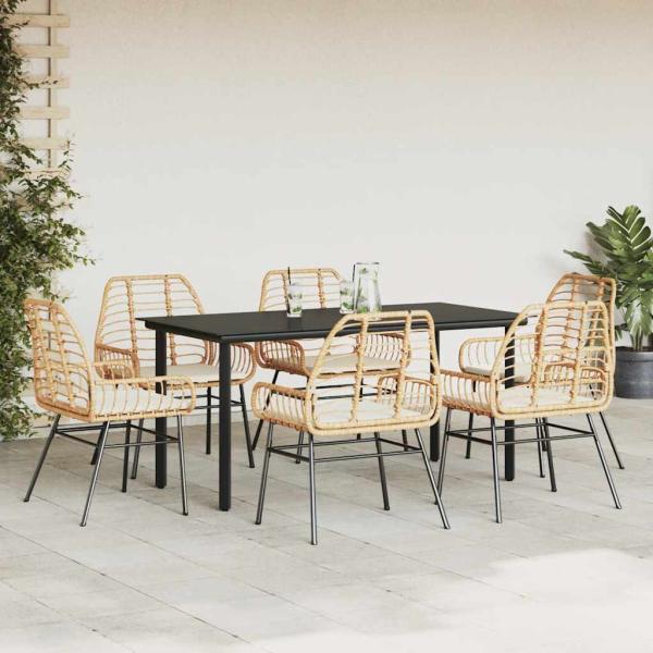 7-tlg. Garten-Essgruppe mit Kissen Braun Poly Rattan Glas