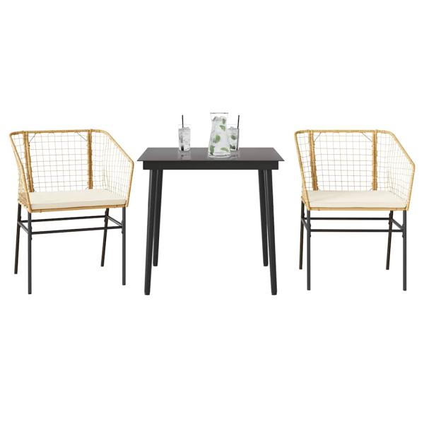 ARDEBO.de - 3-tlg. Garten-Essgruppe mit Kissen Braun Poly Rattan Glas