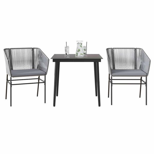 ARDEBO.de - 3-tlg. Garten-Essgruppe mit Kissen Grau Poly Rattan Glas