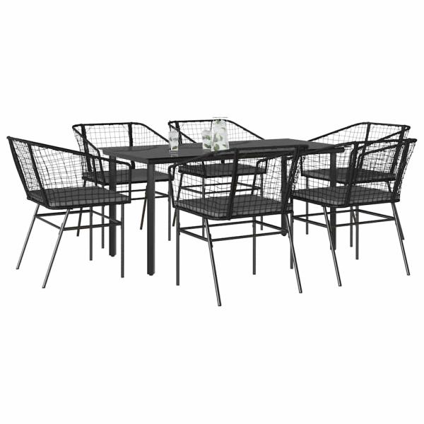 ARDEBO.de - 7-tlg. Garten-Essgruppe mit Kissen Schwarz Poly Rattan Glas