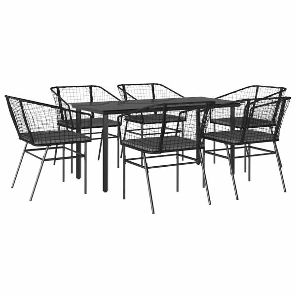 7-tlg. Garten-Essgruppe mit Kissen Schwarz Poly Rattan Glas