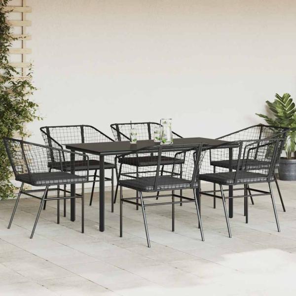 7-tlg. Garten-Essgruppe mit Kissen Schwarz Poly Rattan Glas