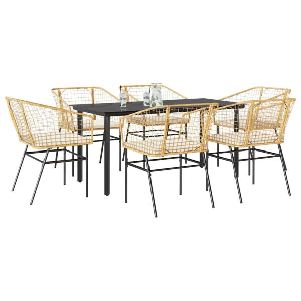 ARDEBO.de - 7-tlg. Garten-Essgruppe mit Kissen Braun Poly Rattan Glas