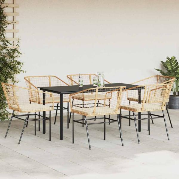 7-tlg. Garten-Essgruppe mit Kissen Braun Poly Rattan Glas