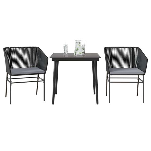 ARDEBO.de - 3-tlg. Garten-Essgruppe mit Kissen Schwarz Poly Rattan Glas