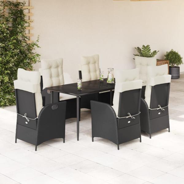 ARDEBO.de - 7-tlg. Garten-Essgruppe mit Kissen Schwarz Poly Rattan