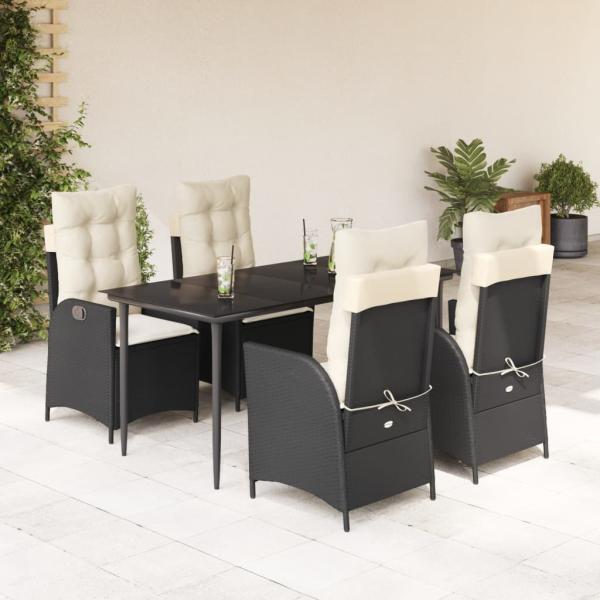 ARDEBO.de - 5-tlg. Garten-Essgruppe mit Kissen Schwarz Poly Rattan