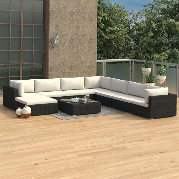 ARDEBO.de - 9-tlg. Garten-Lounge-Set mit Auflagen Poly Rattan Schwarz