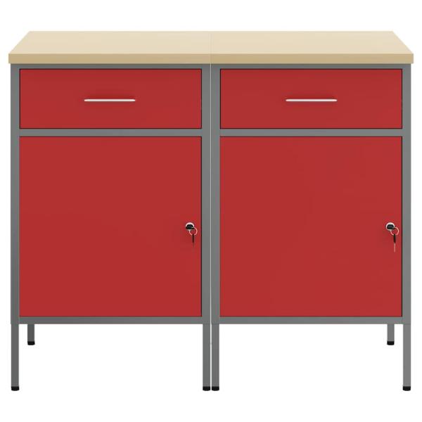 Werkbank 2er Set Rot und Grau aus Holzwerkstoff und Stahl