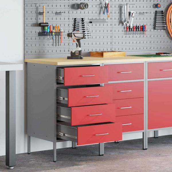 ARDEBO.de - Werkbank 2 Stück Rot und Grau aus Holzwerkstoff und Stahl