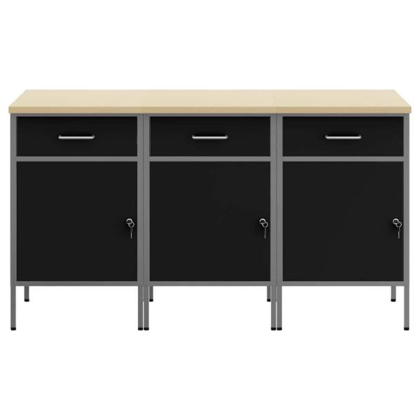 Werkstatt-Schrank 3-teilig in Schwarz und Grau aus Holzwerkstoff und Stahl