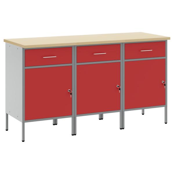 ARDEBO.de - Werkbank 3 Teile Rot und Grau, aus Holzwerkstoff und Stahl