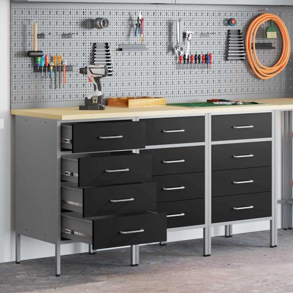 ARDEBO.de - Werkbank 3-Teilig Schwarz und Grau aus Holzwerkstoff und Stahl