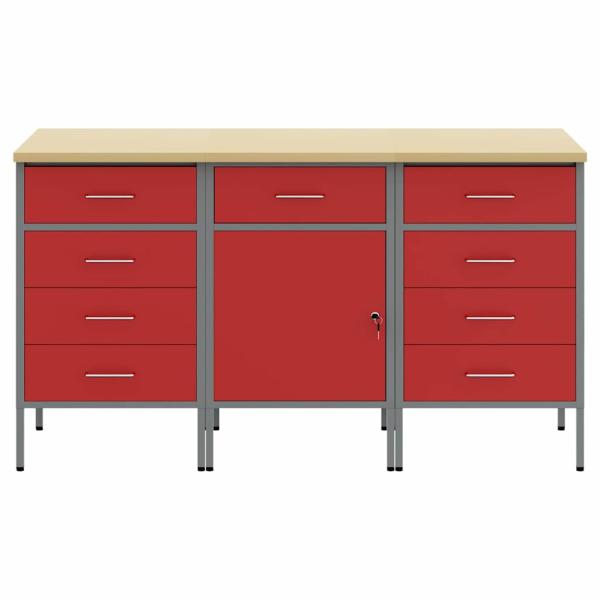3-teiliges Werkbank-Schrank-Set in Rot und Grau aus Holzwerkstoff und Stahl