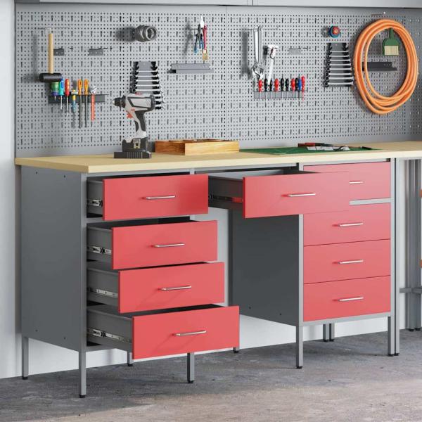 ARDEBO.de - 3-teiliges Arbeitskabinen- und Tischset Rot Rigal Holz & Stahl