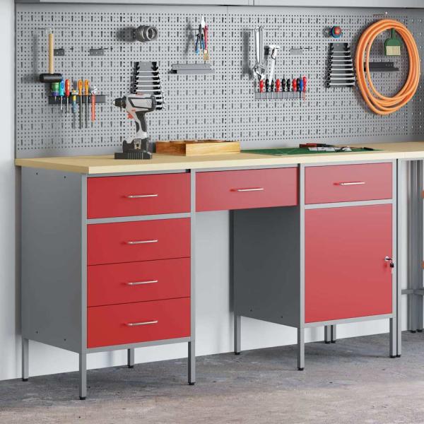 3-teiliges Werkstatt- und Tischset in Rot aus beschichtetem Holz und Stahl