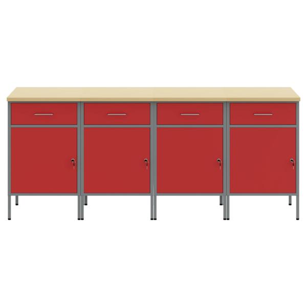 Werkbank 4-teilig in Rot und Grau aus Holzwerkstoff und Stahl