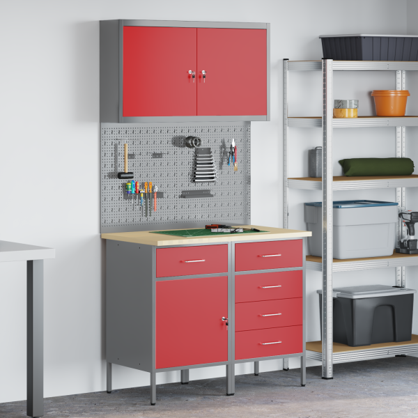 5-teiliges Werkbank-Set in Rot aus Stahl