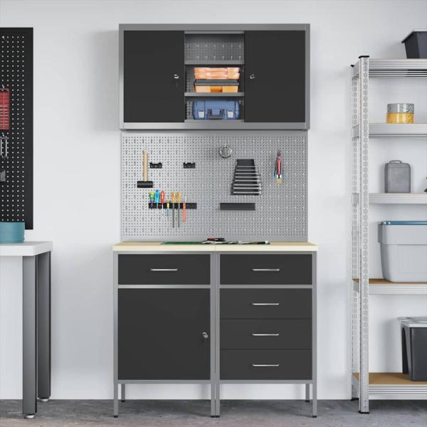 Arbeitsschrankset mit Schubladen mit Regal 5 stk. Schwarz