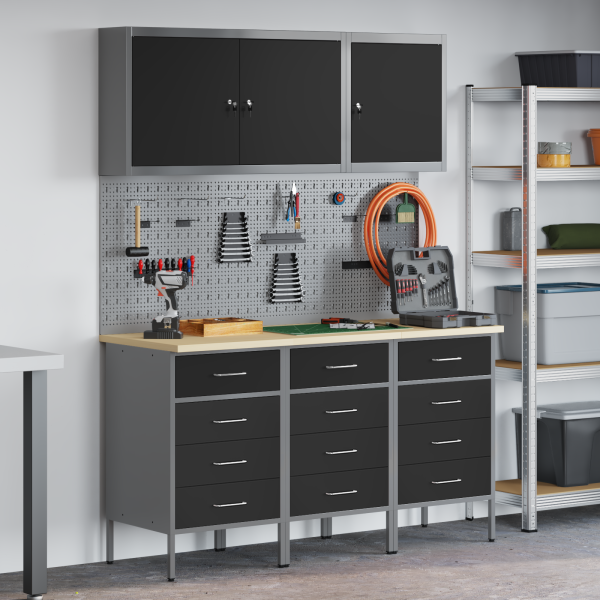 8-teiliges Werkbank-Set aus schwarzem Stahl