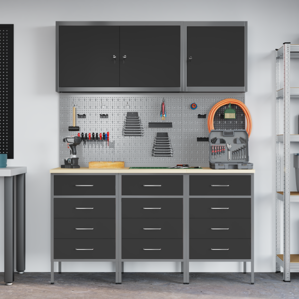 8-teiliges Werkbank-Set aus schwarzem Stahl