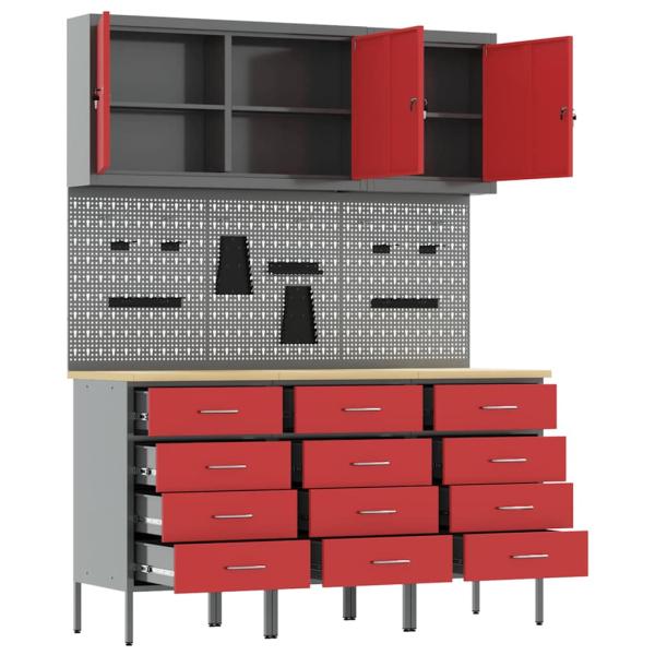 8-teiliges Werkstattschrank- und Pegboard-Set in Rot aus MDF und Metall