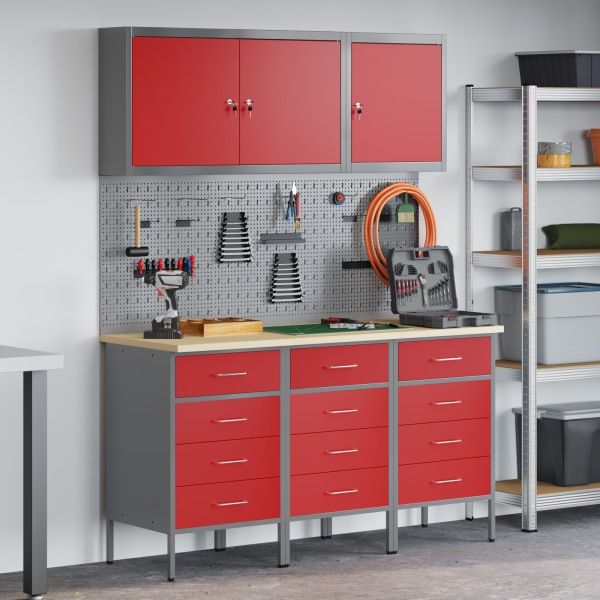 8-teiliges Werkstattschrank- und Pegboard-Set in Rot aus MDF und Metall