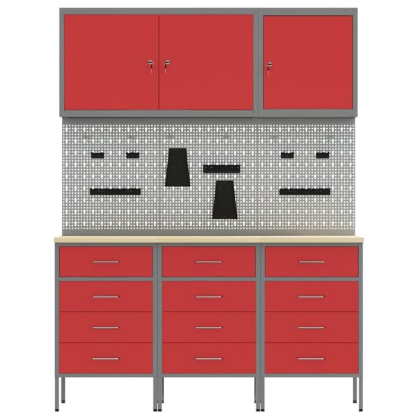 8-teiliges Werkstattschrank- und Pegboard-Set in Rot aus MDF und Metall