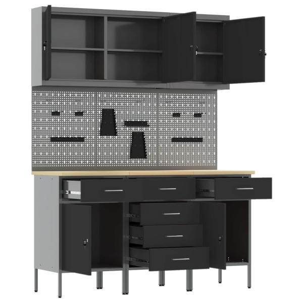 8-teiliges Werkbank- und Pegboard-Set schwarz aus MDF und Metall