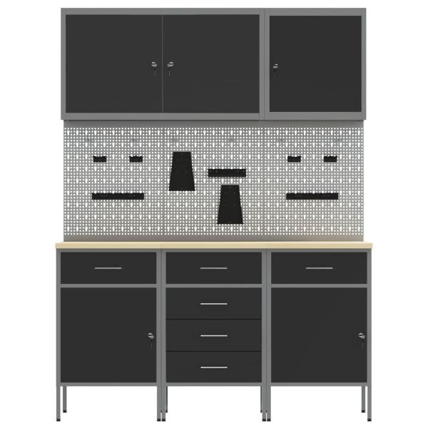 8-teiliges Werkbank- und Pegboard-Set schwarz aus MDF und Metall