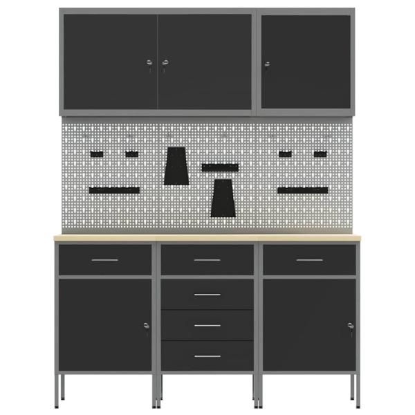8-teiliges Werkbank- und Pegboard-Set schwarz aus MDF und Metall
