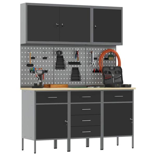 8-teiliges Werkbank- und Pegboard-Set schwarz aus MDF und Metall