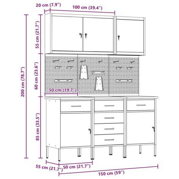 8-teiliges Werkbank- und Pegboard-Set schwarz aus MDF und Metall