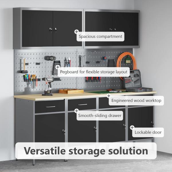 10-teiliges Arbeitskabinet und Pegboard-Set in Schwarz aus MDF und Metall