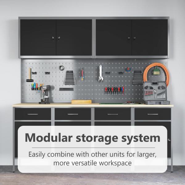 10-teiliges Arbeitskabinet und Pegboard-Set in Schwarz aus MDF und Metall