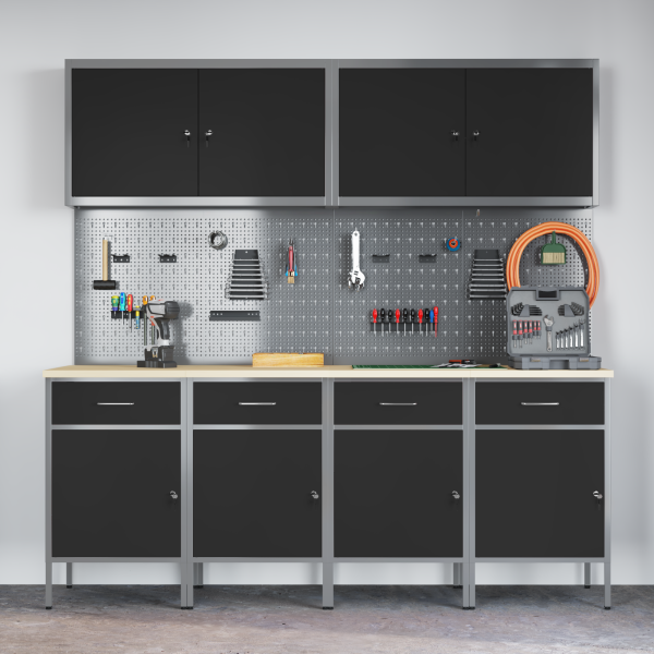 10-teiliges Arbeitskabinet und Pegboard-Set in Schwarz aus MDF und Metall