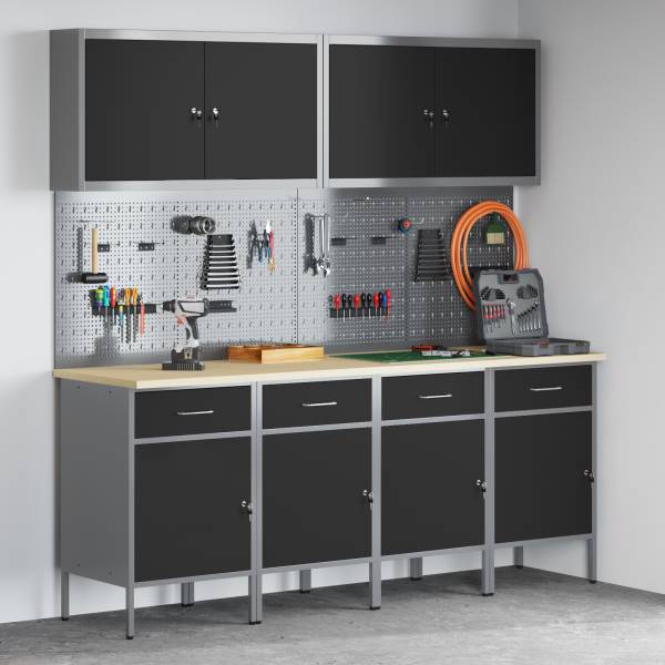 10-teiliges Arbeitskabinet und Pegboard-Set in Schwarz aus MDF und Metall