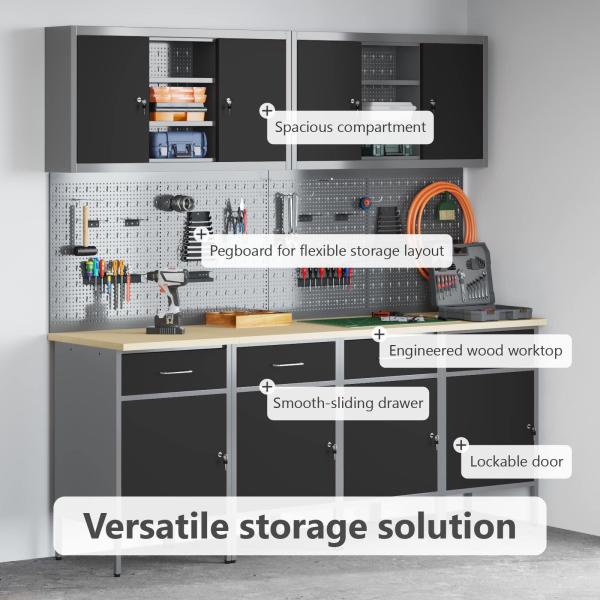 10-teiliges Werkbank- und Pegboard-Set in Schwarz aus MDF und Metall