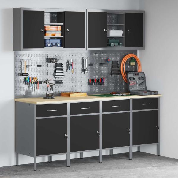 10-teiliges Werkbank- und Pegboard-Set in Schwarz aus MDF und Metall
